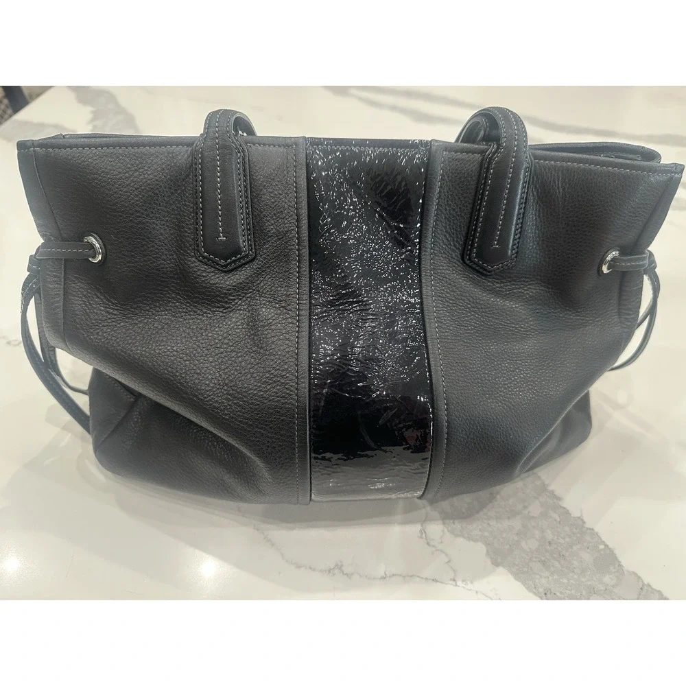 Coach Madison Sophia Black Pebbled Leather Satchel Patent Trim Crossbody Bag EUC
